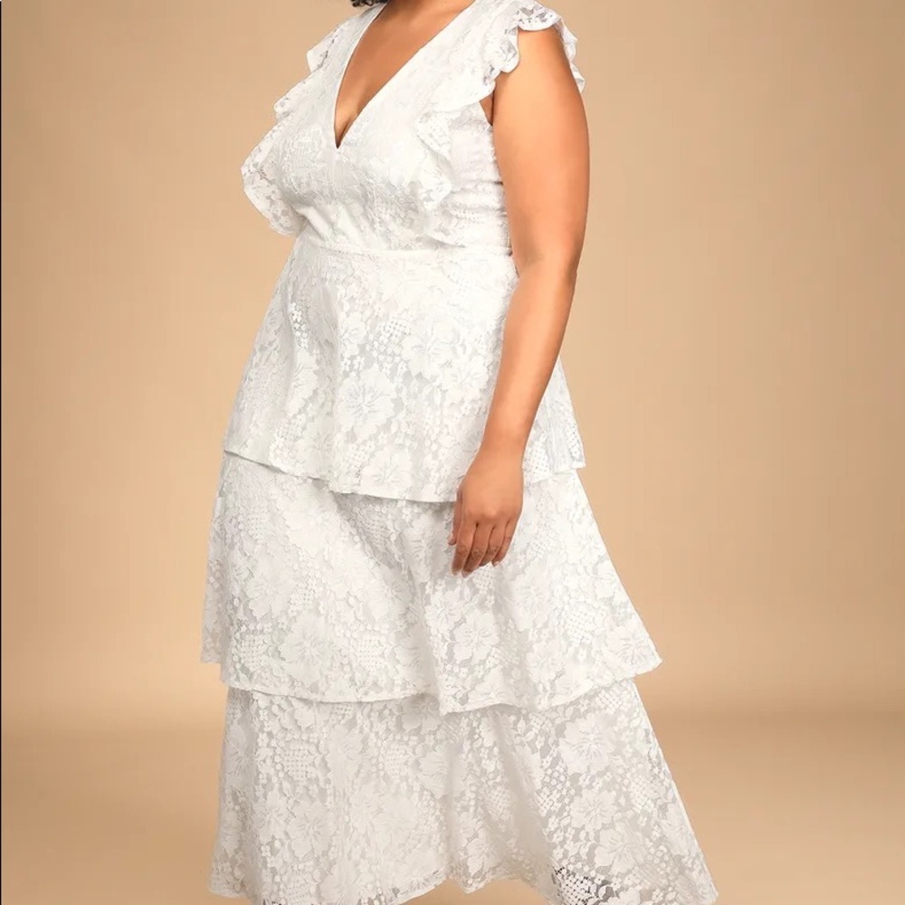 Lulu’s White Lace Tiered Molinetto Maxi Dress